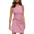 Summer Fashion Woman Dress Hot Sale Solid Color Sleeveless Neck Casual Dress Irregular Pleated Bow Belt Natural Plain Dyed