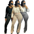 European American Casual Style Solid Pattern Two-Piece Sweatshirt and Bell-Bottom Pants Twisted Striped with Spliced Hood