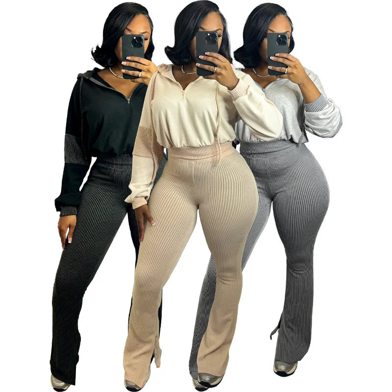 European American Casual Style Solid Pattern Two-Piece Sweatshirt and Bell-Bottom Pants Twisted Striped with Spliced Hood