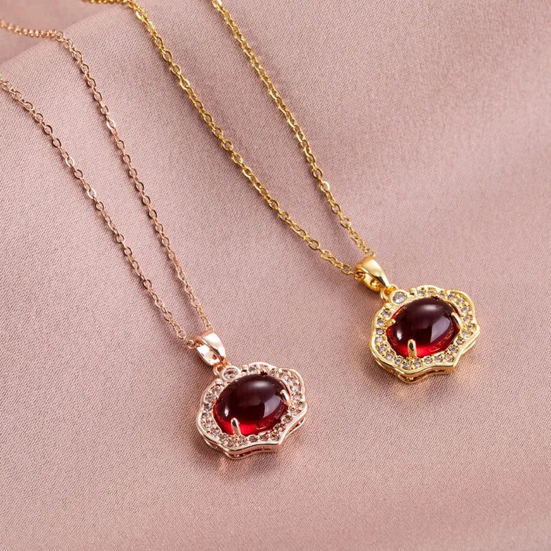 HOVANCI Lucky Jewelry Natural Ruby Jade Pendant Necklace Rose Gold Stainless Steel Chain Clavicle Necklace for Girls