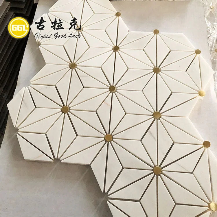 Brass Inlay Mosaic Pattern Water Jet Marble Surface Floor Tile 10mm Interior Wall Bathroom Kitchen Living Modern Parquet Hall