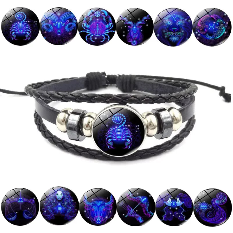 12 Zodiac Animal Charm Bracelet  Women Multi-layer Black Braided Leather Glass Dome Punk Men's Bracelet