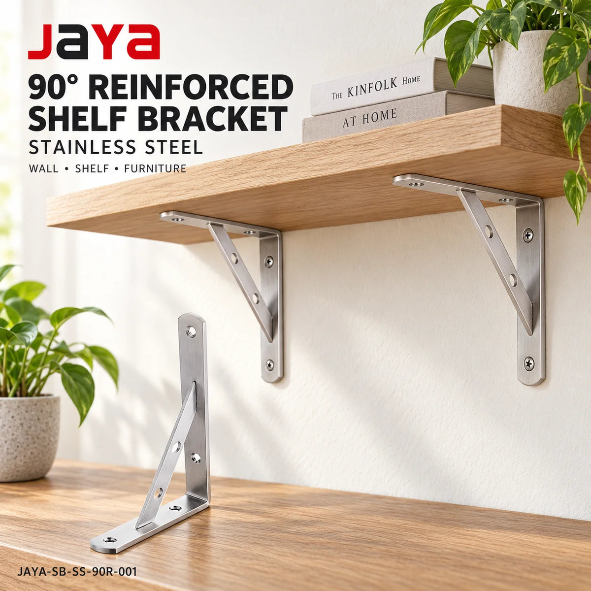 JAYA Stainless Steel 90 Degree Reinforced L Shaped Shelf Corner Support Brackets with Diagonal Brace for Furniture
