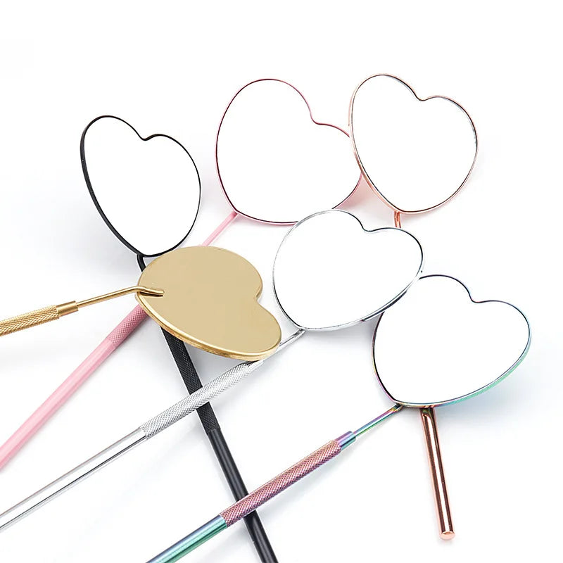Portable Long-Handle Steel & Stainless Steel Eyelash Extension Inspection Eye Lash Mirror Heart-Shaped Makeup Tool
