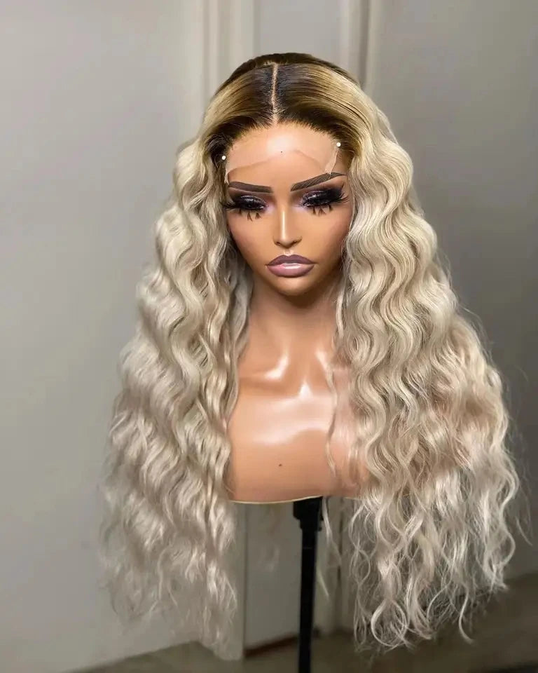 High Density Ombre 613 Gray Color Deep Wave Curly Pre Plucked HD Transparent Lace Front Wig Brazilian Virgin Human Hair