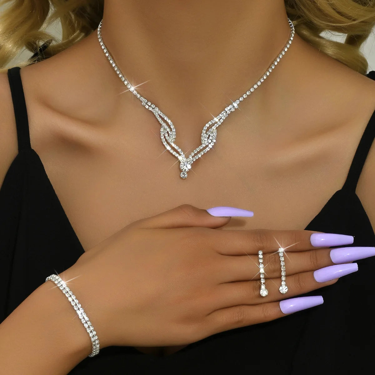 Wholesale Accessories: Festive Full Diamond Earrings Necklace & Rhinestone 3-Piece Wedding Jewelry Set