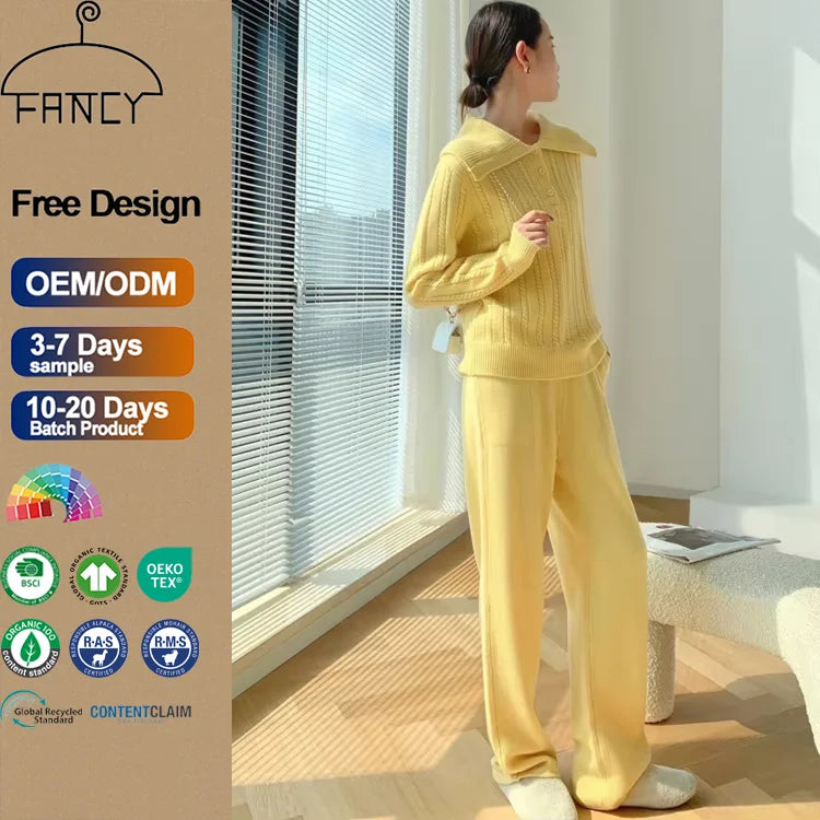 Hot Sale Fashion Casual Loose Yellow Knit Pullover Sweater Sweatpants Two Piece Set