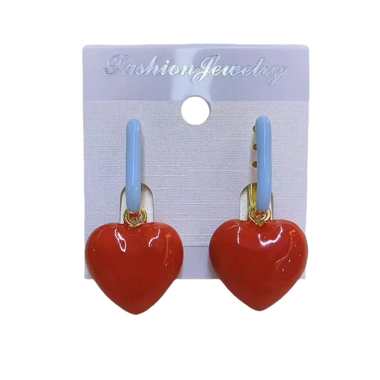EM1449 Chic Fashion 18k Gold Plated Colorful Enamel Red Bubble Puffy Heart Dangle Drop Charm Huggie Hoop Earrings