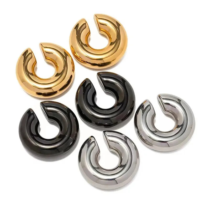 High Polished Hollow Stainless Steel Jewelry 18K Gold Plated No Piercing Ear Hole Cuff Clip on Chunky Thick Earrings