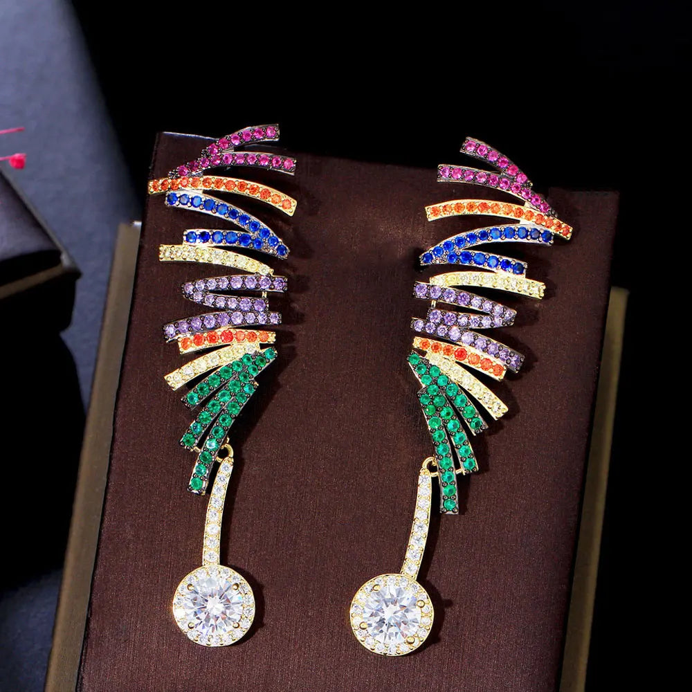 Fashionable Multiple Colorful Micro Pave Cubic Zirconia Stones Geometric Luxury Long Dangle Bridal Earrings for Women Jewelry