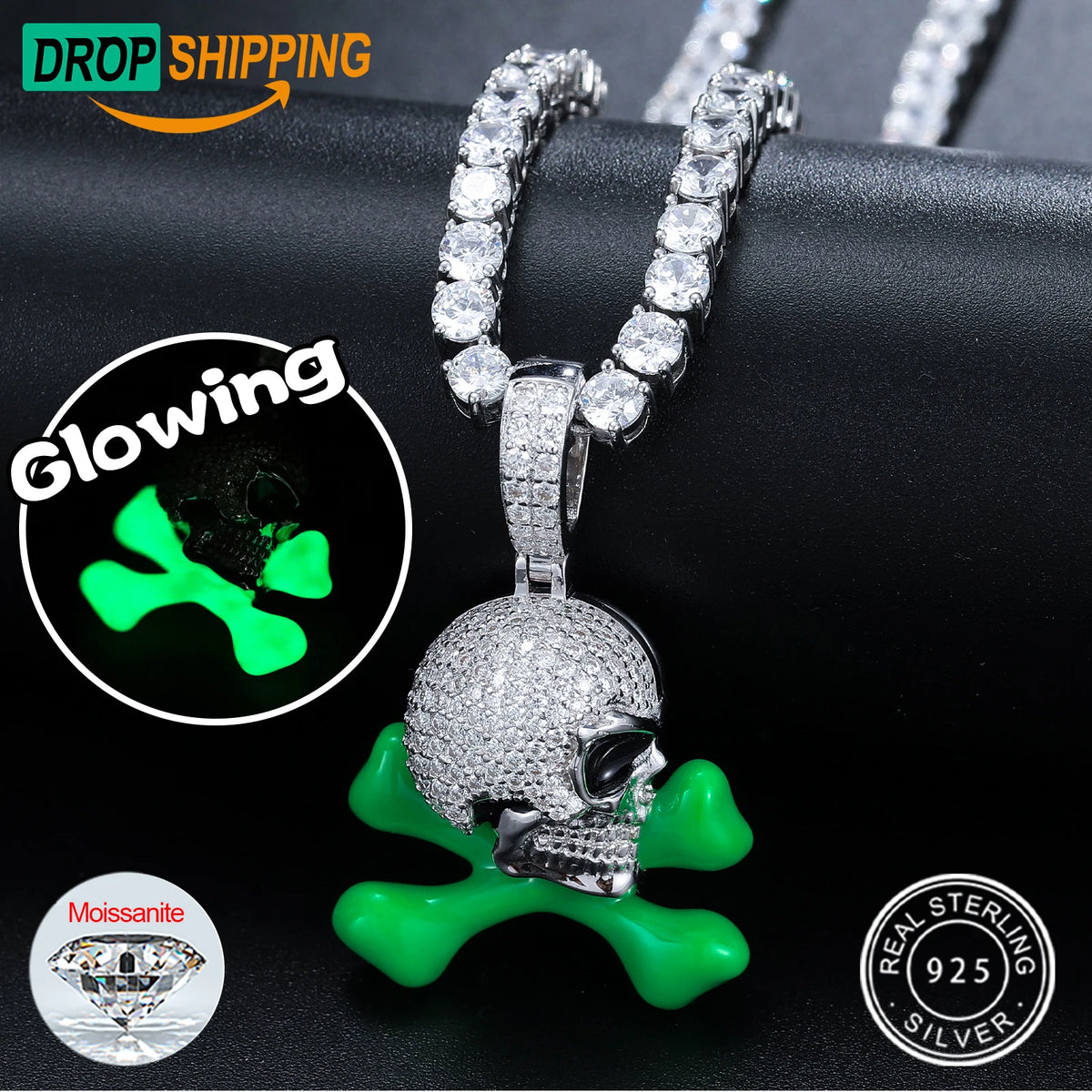 Dropshipping Hiphop Iced Out Jewelry 925 Sterling Silver VVS Moissanite Diamond Enamel Plated Danger Sign Iced Out Skull Pendant MegaBDM