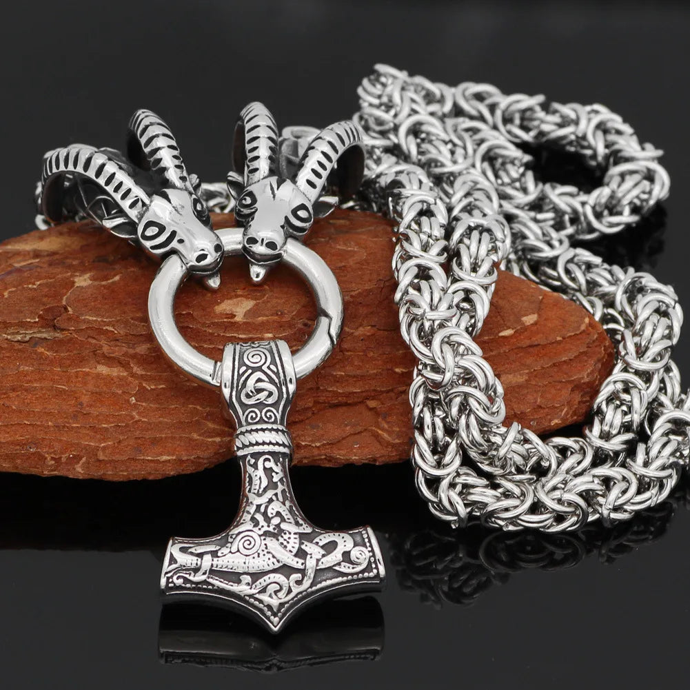 Hot Selling Nordic Thor Goat with Hammer Mjolnir Rune Amulet Pendant Necklace -king Chain Stainless Steel Necklace