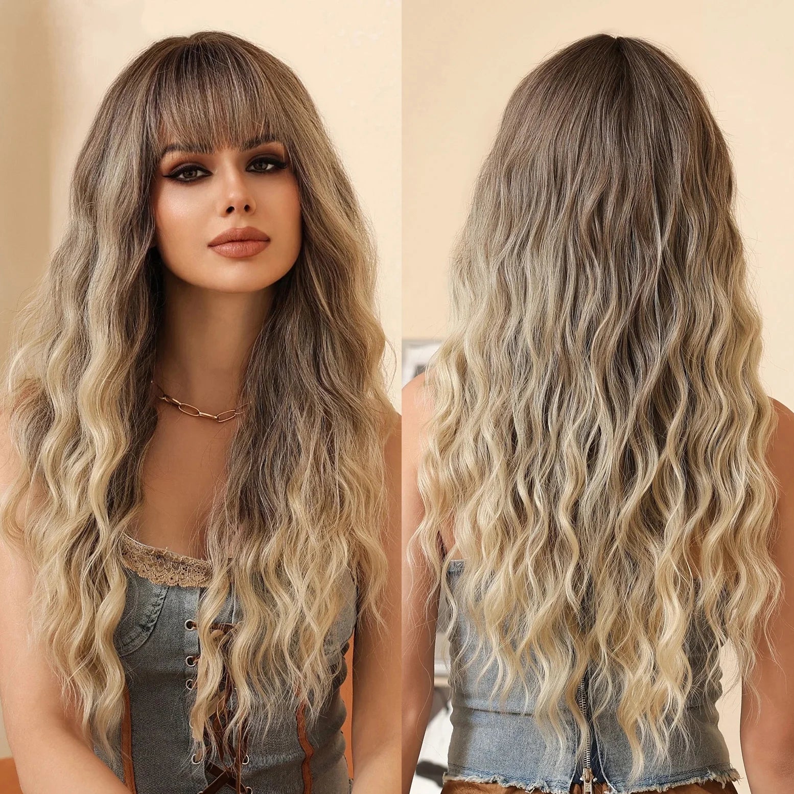 MOQ1 Gray Brown Ombre Blonde Wavy Wigs Long Natural Wave Curly Wig for Women False Hair With Bangs Daily Cosplay Fiber Wig