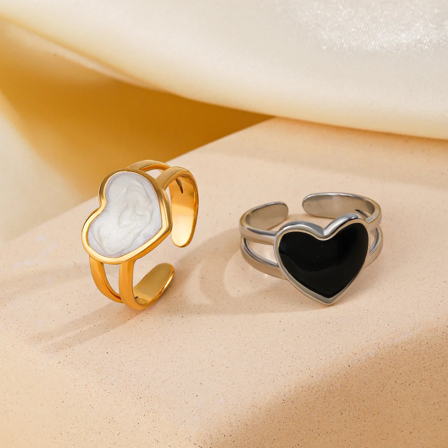 Nabest Waterproof Drop Oil Heart Open Ring Stainless Steel Couples Jewelry Gold Plated Adjustable Enamel Rings