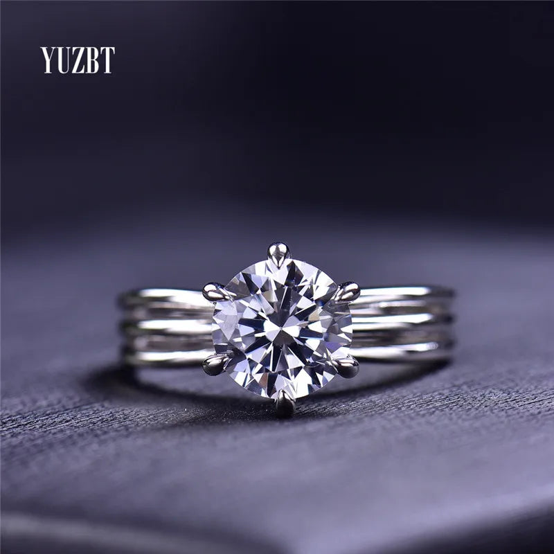 Silver 925 Original Brilliant Cut 2 Carat Diamond Test Past D Color Moissanite Triple Circle Ring for Women Vintage Fine Jewelry