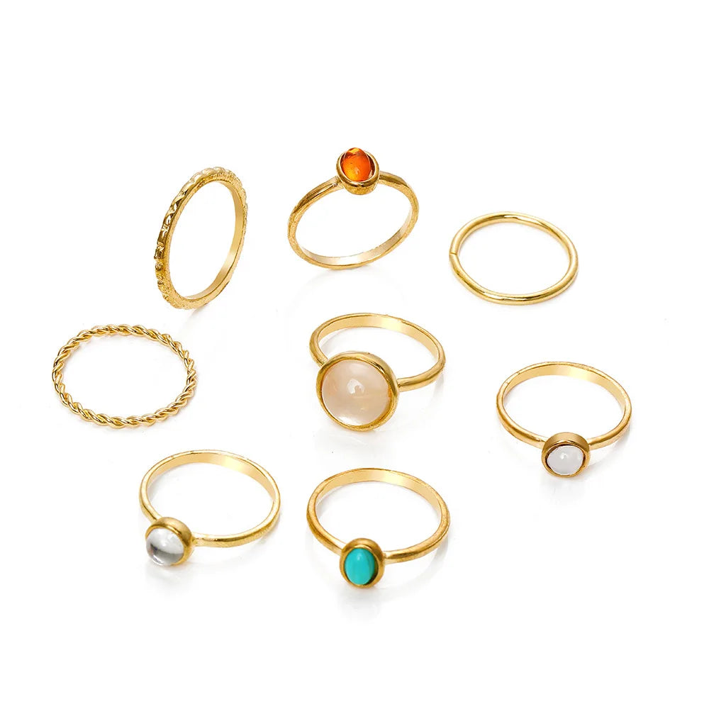 SC Hot Sale Alloy Ring Pretty Colorful Acrylic Crystal Ring Trendy 8-piece Finger Ring Set for Girls