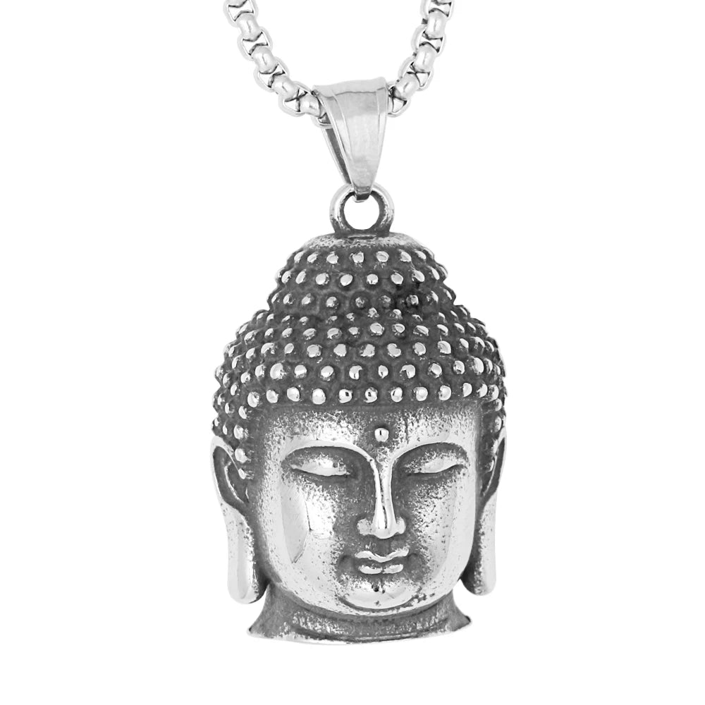 Religion Buddhism Jewelry Three Dimensional Stainless Steel Shakyamuni Buddha Head Pendant Necklace