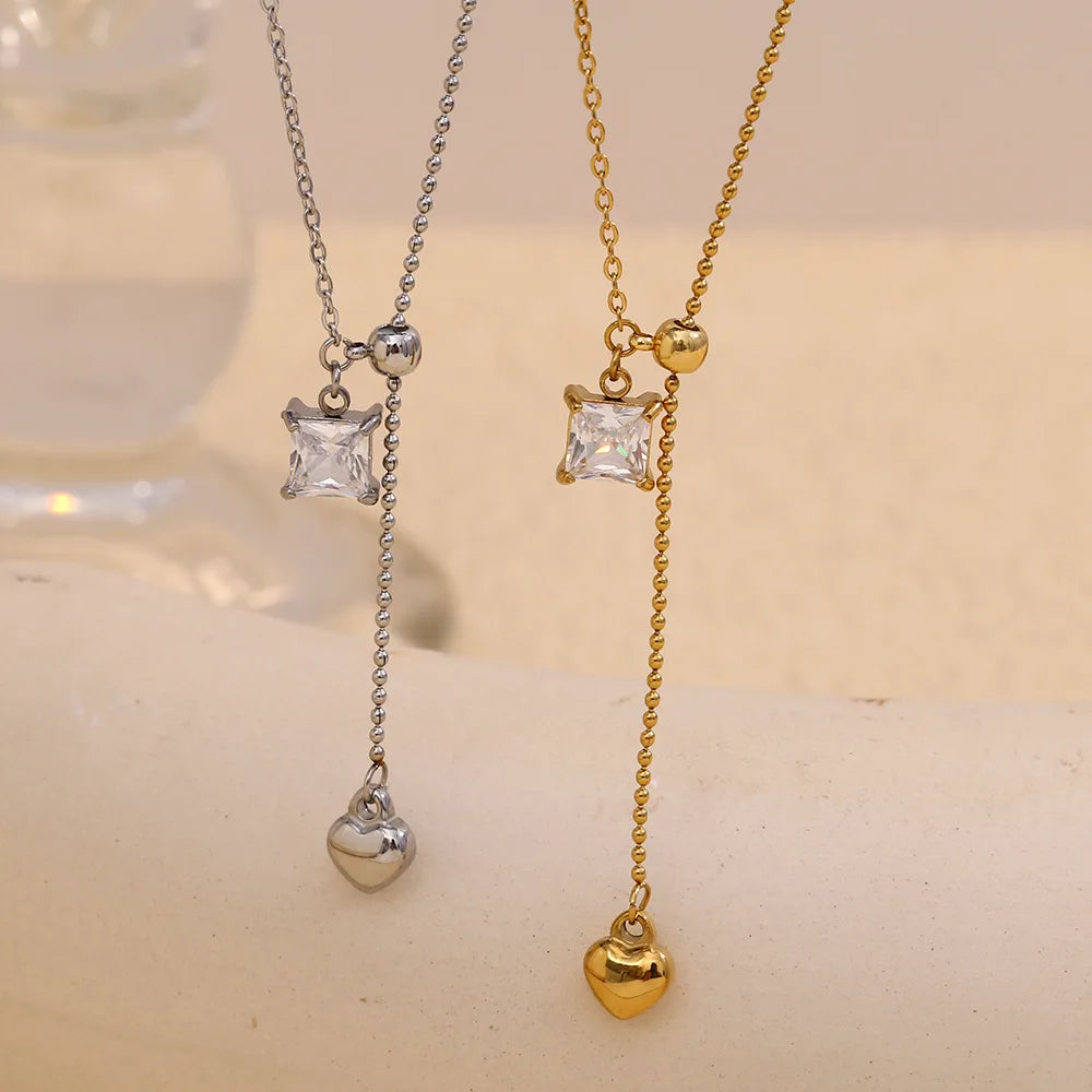 18K Gold Plated Stainless Steel Necklace for Women Fashionable Pendant with Square Zircon Heart Tassel Niche High-End Link Chain
