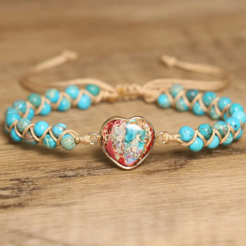 Bohemian Turquoise Bracelet for Women Fashion Jewelry Natural Gemstone Imperial Jasper Handwoven Heart Charm Stone Bracelet