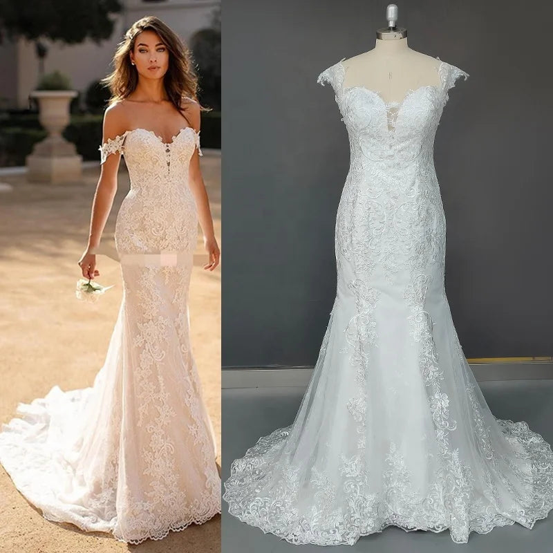 #9934 Mermaid Wedding Dress Boho 2021 Sexy Off the Shoulder Lace Appliques Backless Bridal Dress Plus Size Vestido De Noiva