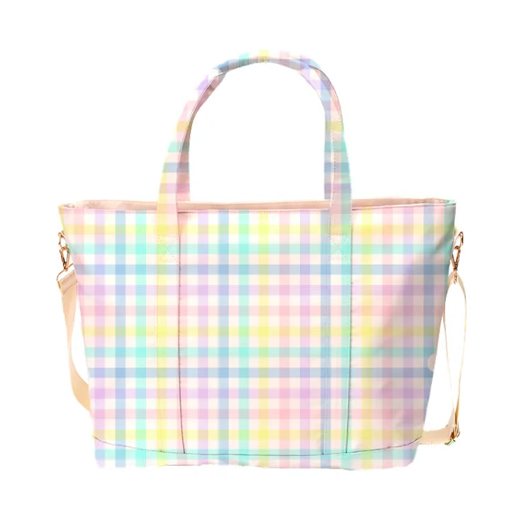 Designer Rainbow Plaid Pink Bow Flower Prints Handbag Cute Bow Waterproof Nylon Woman Shoulder Travel Accessories Tote Bag