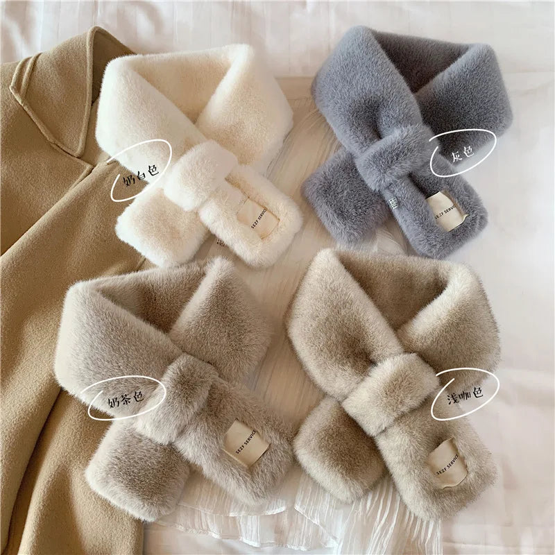 Girl Winter Warm Thicken Solid Color Faux Rabbit Fur Plush Cross Collar Shawl Elegant Warm Soft Comfortable Scarf