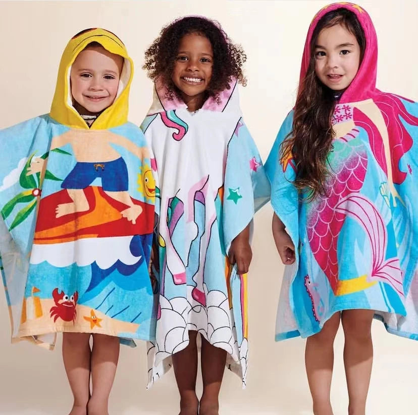Antimicrobial Kids Hooded Beach Towel - Premium Coral Velvet Printed Toddler Poncho Bathrobe