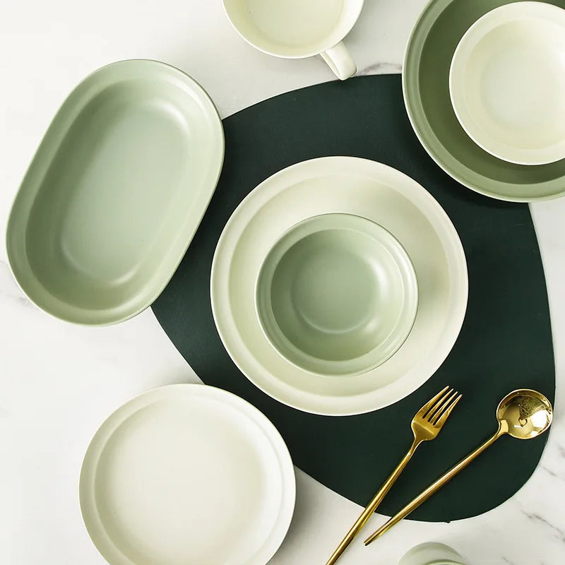 Eco-Friendly Custom Ceramic Tableware Set Popular Avocado Green Color Scheme Includes Bowls Plates Spoon for Households