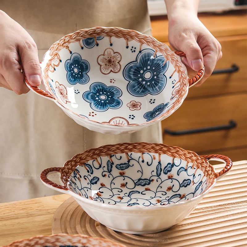2022 NEW Japanese Ceramic Soup Bowl Round Porcelain Salad Ramen Noodle Bowl With Handle Home Restaurant Tableware Microwave Safe