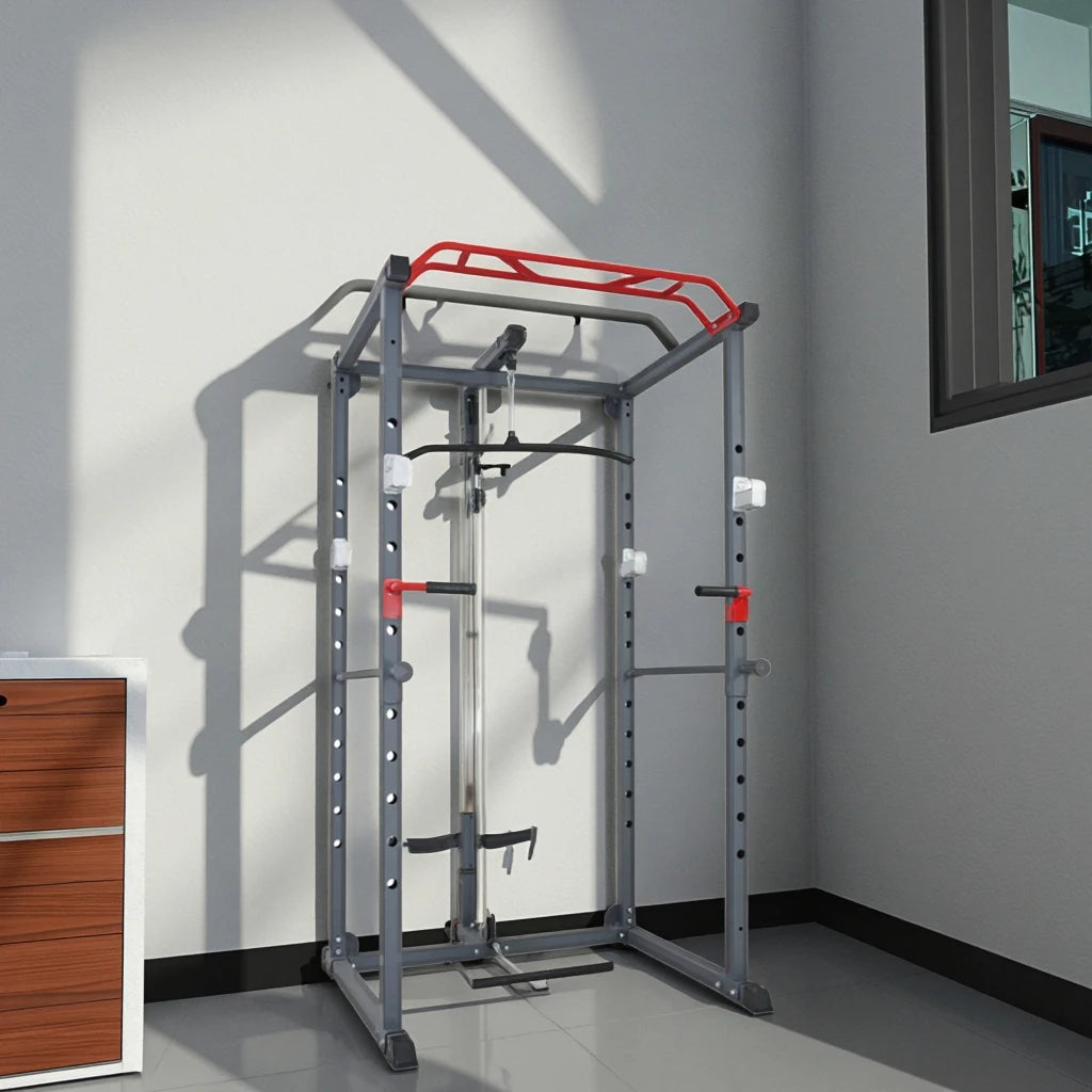 Home Use Metal Squat Rack Adjustable Pulley Press Power Cage Lat Pull Cable Machine Strength Training Customizable Size Gym