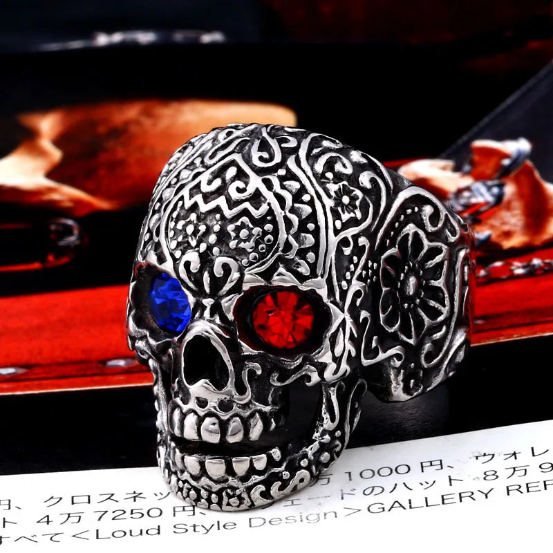 SC Hot Sale Fashion Punk Skeleton Rings Hip Hop Red Blue Diamond Rings Cool Geometric Skull Rings for Men
