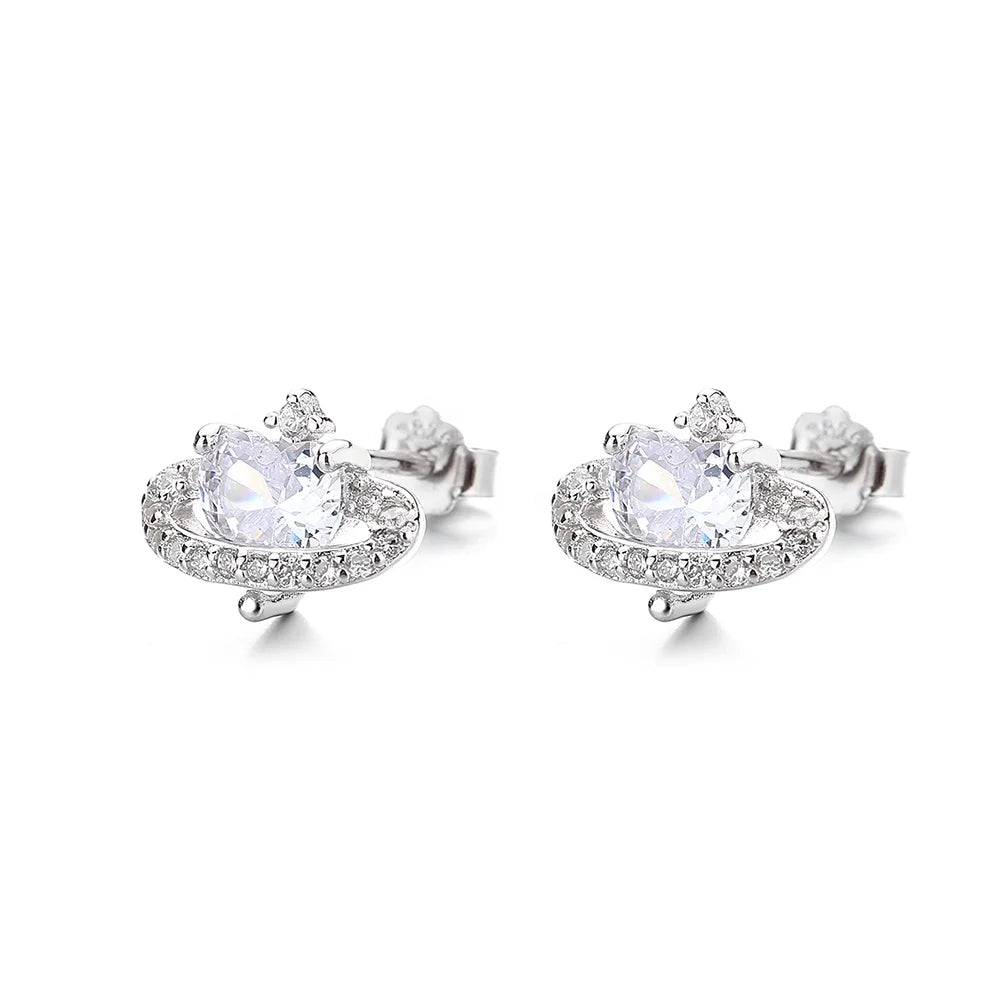 Luxury Sparkle 925 Sterling Silver Heart Stud Earrings Star Cosmic Planet Stud Earrings