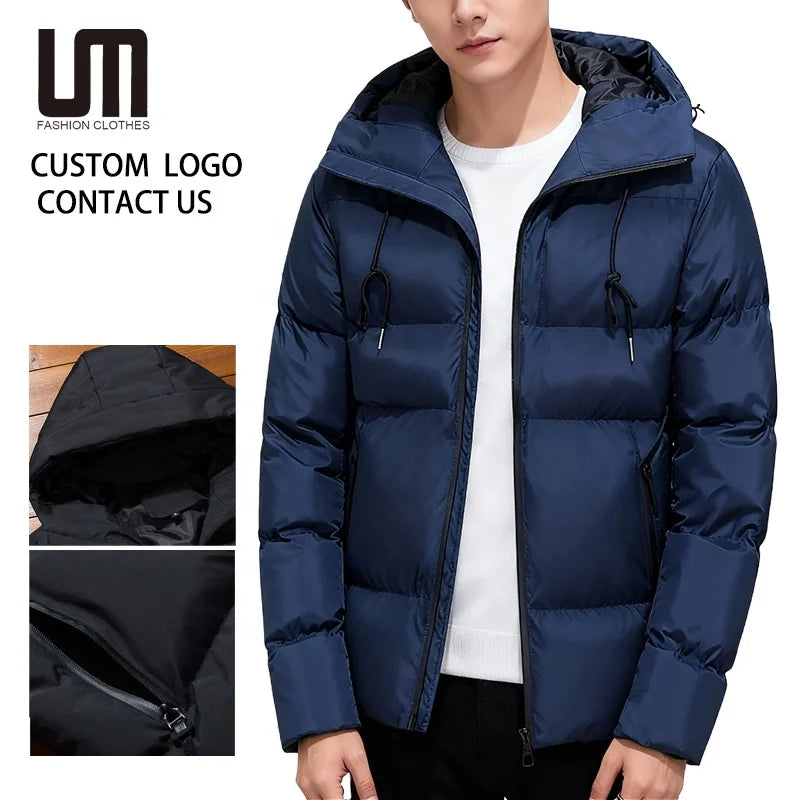 Custom Logo Fashion Winter Men Clothing Windbreaker Parkas Solid Color Overcoat Long Sleeve Zipper Hood Jacket Coats