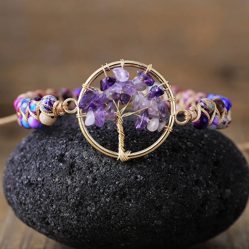 Natural Amethyst Green Aventurine Beaded Bracelet Life Tree Charm Double Braided Handmade Healing Stone Bracelet for Women Men