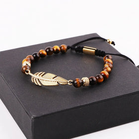 High Quality Stainless Steel Leaf Charm Natural Stone Tiger Eye Bracelet Macrame With Custom LogoJBS12581