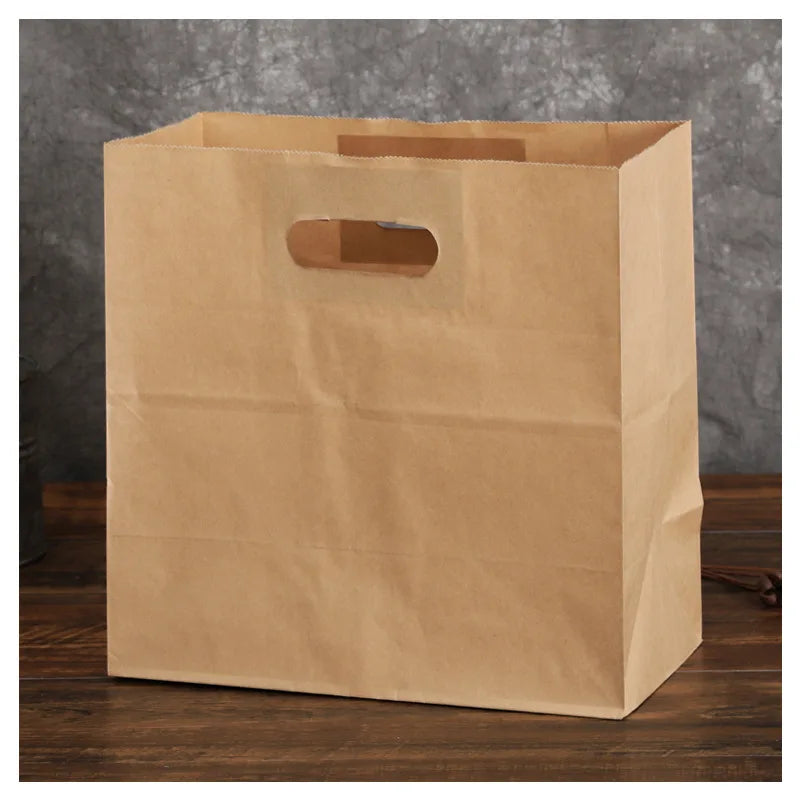 Spot square Bottom Takeaway Brown Kraft Paper Bag for Food Perforated Clothing with Custom logo Hot Sale