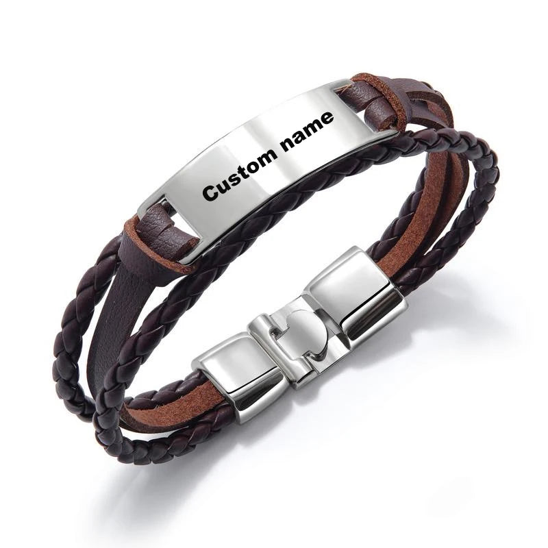 PU- Leather Bar(Stainless Steel) Bracelet for Party Wedding Anniversary  Personalized Engraved Bar Bracelet