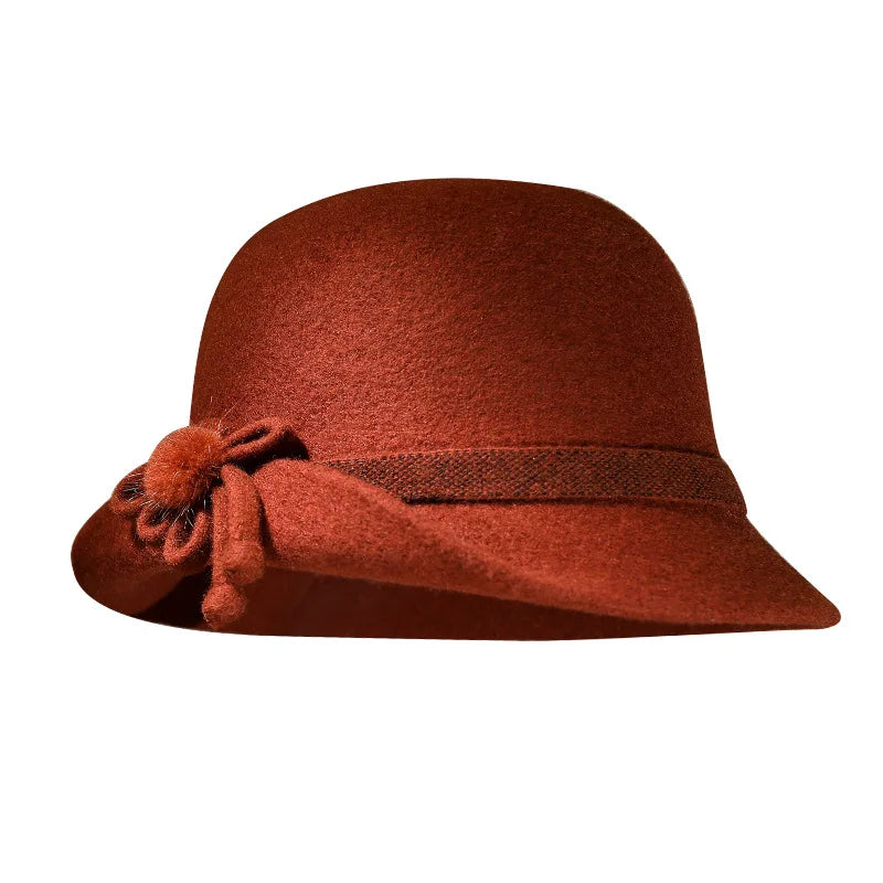 Ready to Ship Fashionable Wool Blended Fedora Bowler Derby Hat for Women Church Dress Cloche Hat with Flowers for Parties