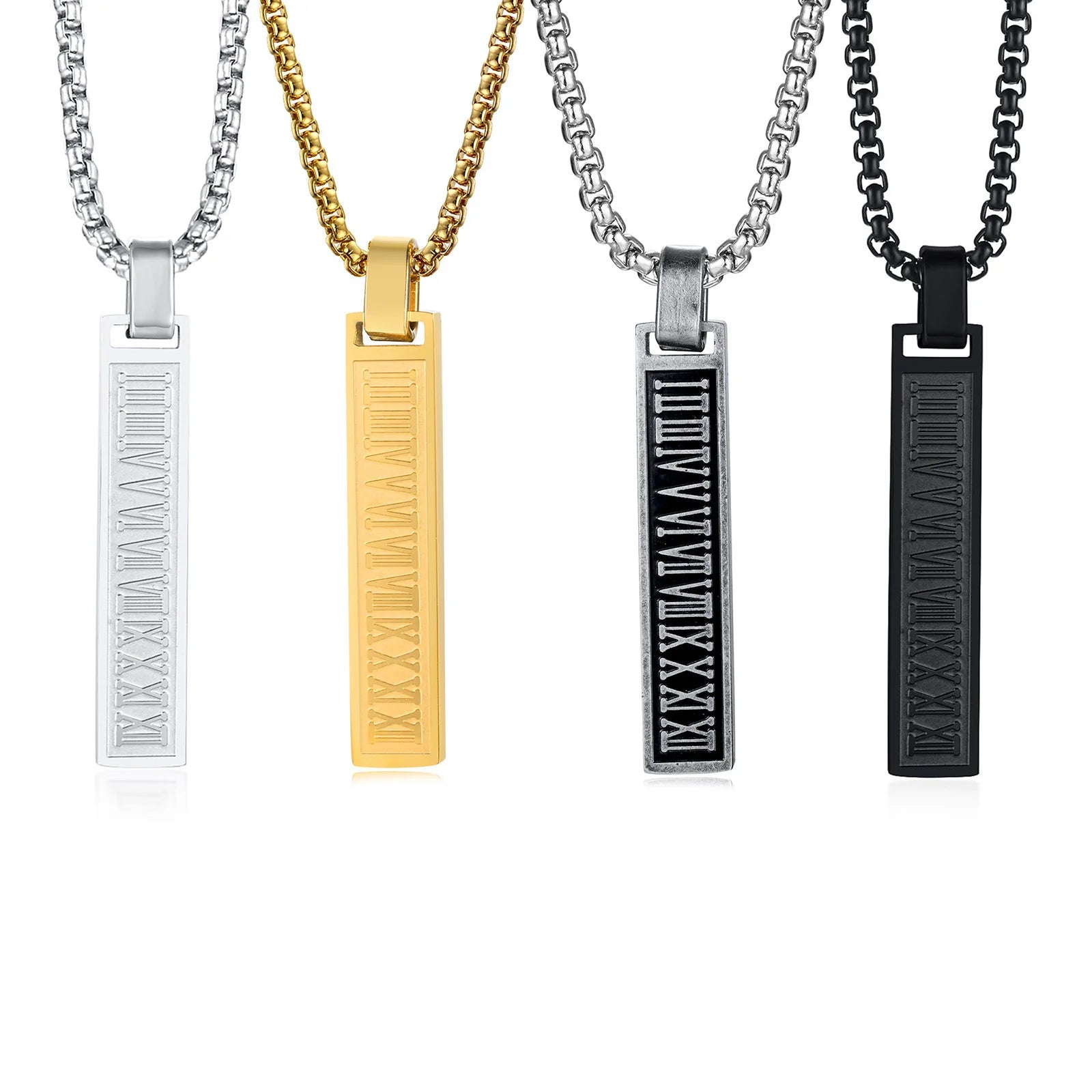 Fashion Stainless Steel Bar Necklace Charm Custom Roman Numeral Long Rectangle Pendant Necklace for Men