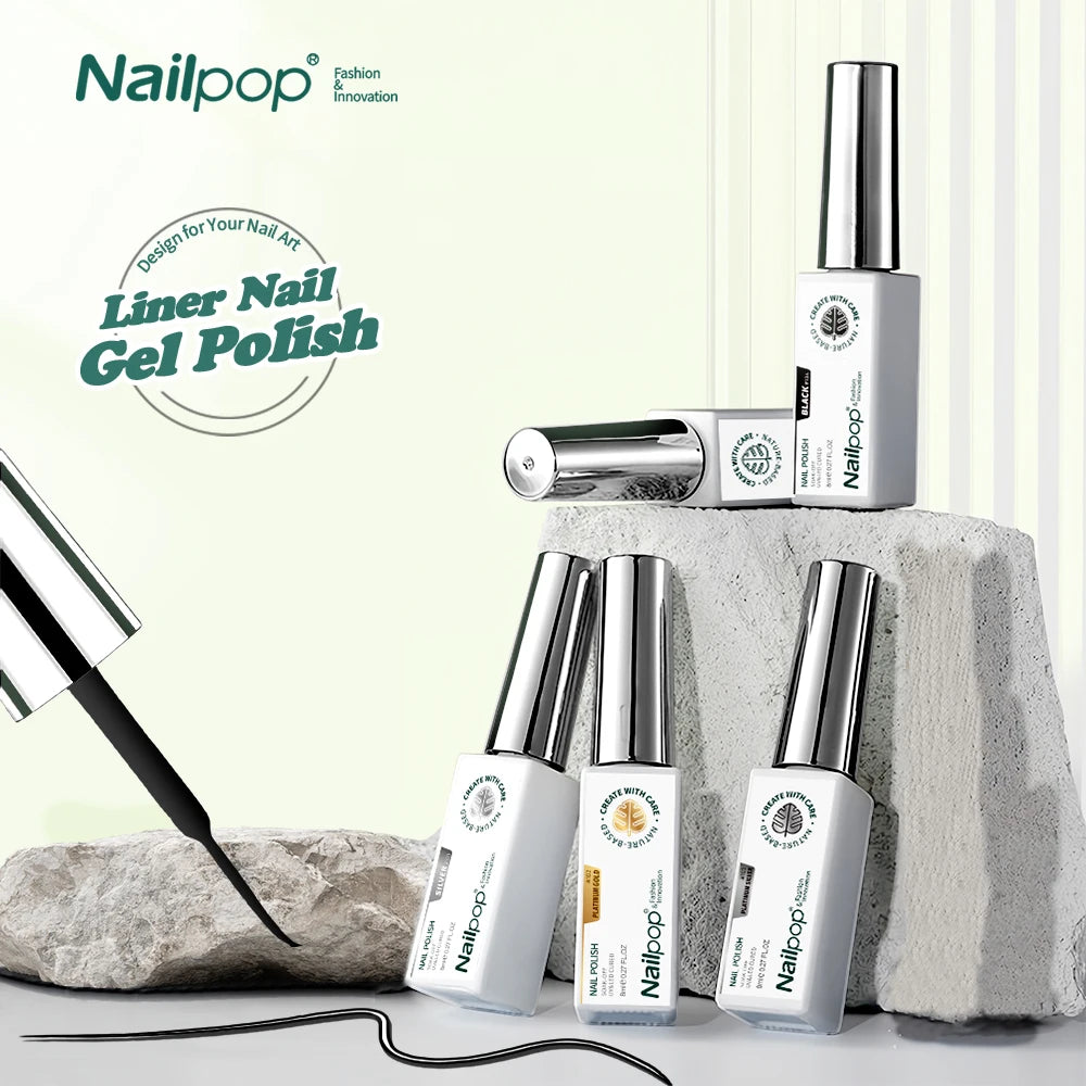 Nailpop Classic Glitter Reflective UV Gel Nail Art Liner Polish Set Shiny Gold Silver Black White 8ml LED Swirl Manicure Design
