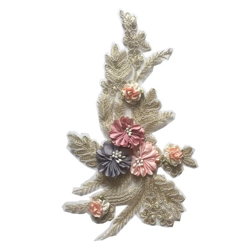 Hot Selling Gold Lace Applique Handmade 3d Flower Sewing Patch for Jeans LT2387A
