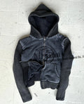 Custom Double Layer Reversibles Knitted Sleeve Embroidery Sun Faded Zip up Vintage Cropped Streetwear Unisex Hoodies Jackets Men