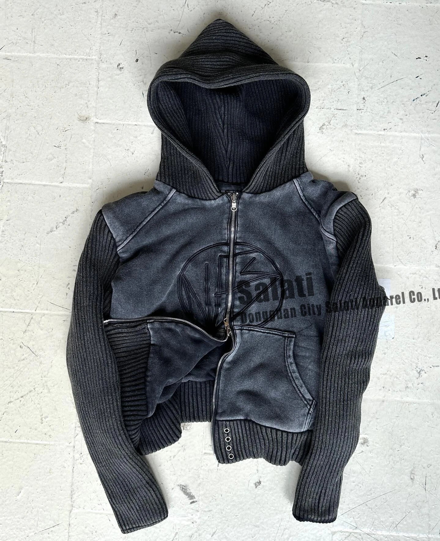 Custom Double Layer Reversibles Knitted Sleeve Embroidery Sun Faded Zip up Vintage Cropped Streetwear Unisex Hoodies Jackets Men