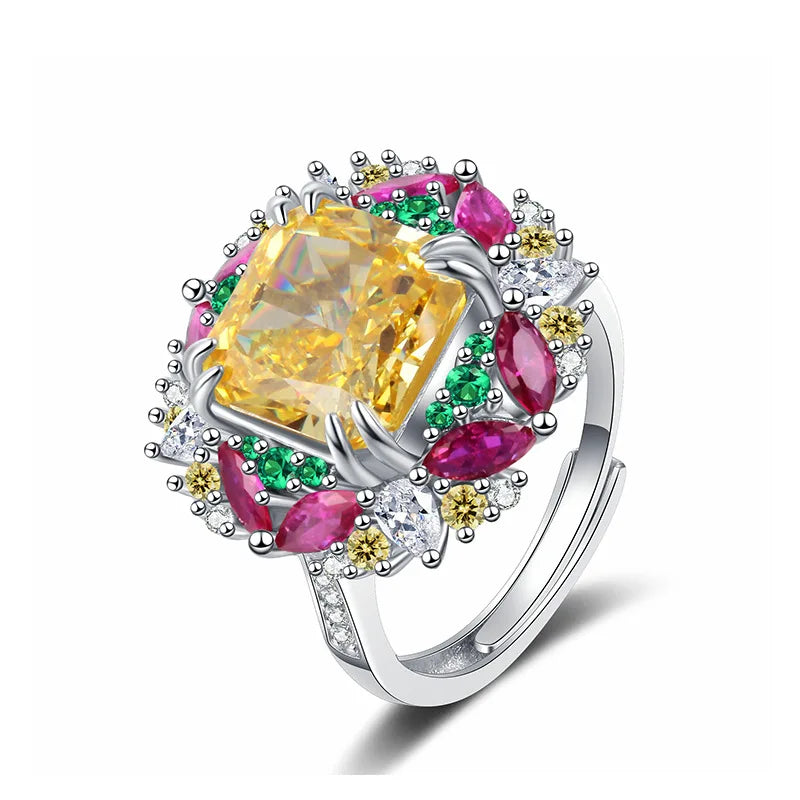 Candy Series Geometric Ice-Flower Cut S925 Siver Open Ring Womens Golden Yellow High Carbon Diamond Fashion Adjustable