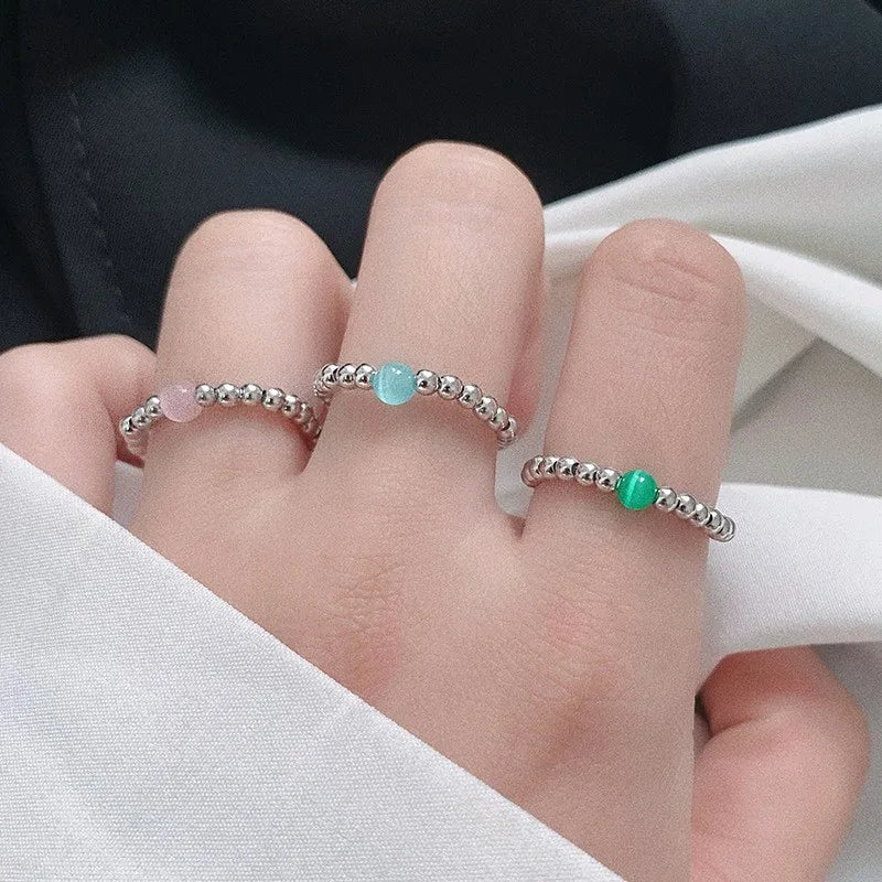 Fashion 925 Sterling Silver Opal Crystal Elastic Women Handmade Personality Simple Beads Ring