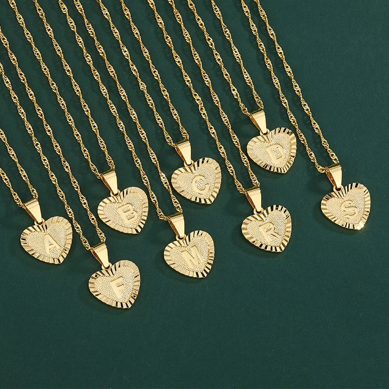 Custom Design Jewelry Fashion love Necklace for Women 18K Gold Plated a to Z Heart Letter Pendant Double Water Wave Chain