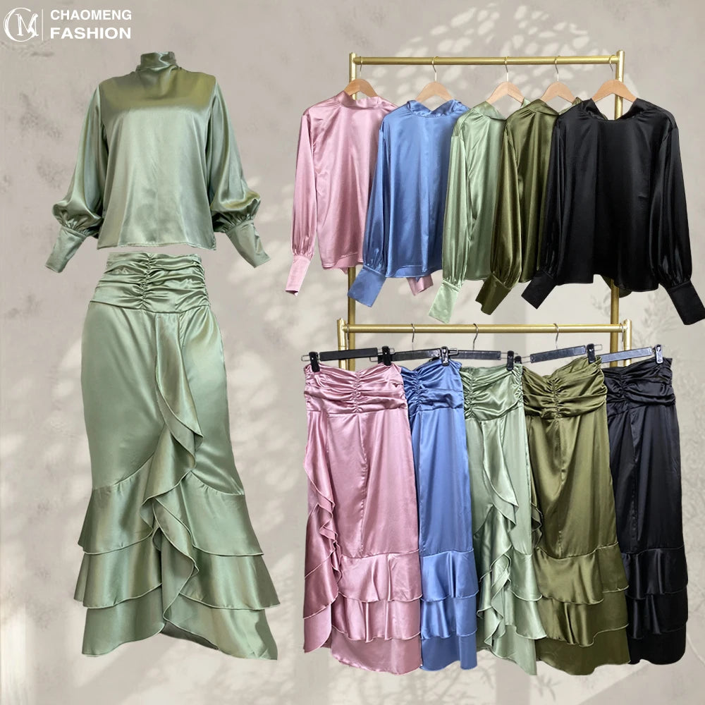 2237#+2238# Latest Fashion Set Thick Satin Back Side Lace up Top and Pretty Pleated Back Zipper Skirt Muslim Islamic Abaya Suit