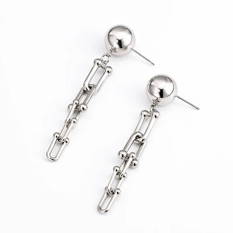 Vintage Women's Stainless Steel Ball Stud Earrings with U Shape Link Chain Drop Dangling Geometric Design for Party Jewelry