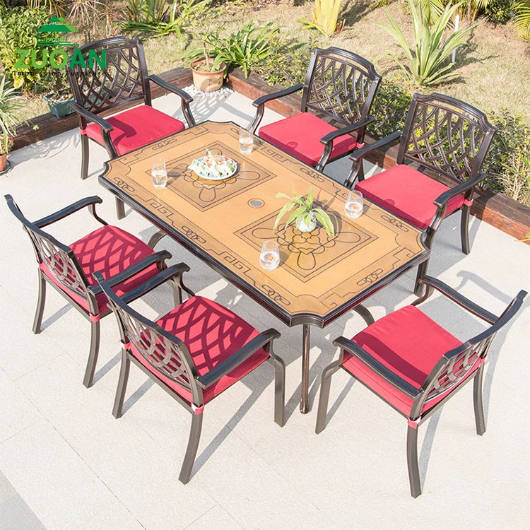 Outdoor Furniture 7pcs Waterproof Traditional Design Patio Garden Set Dining Aluminum Cast Table Chair for Hotel & Poolside Use