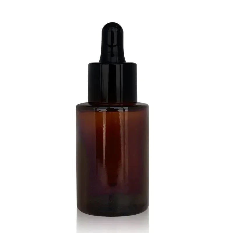 Factory Supply Large Diameter Glass Essential Oil Bottle Flat Shoulder Screw Top White Black Squeeze Dropper Screen Printed